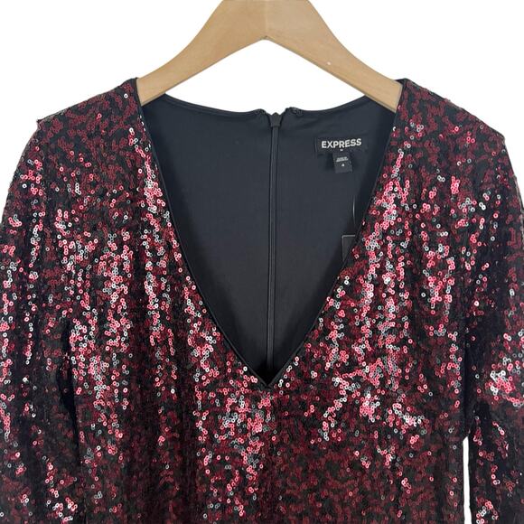 NWT Express Red and Black Sequin 3/4 Sleeve V-Neck Mini Dress Size 4 - Picture 4 of 7